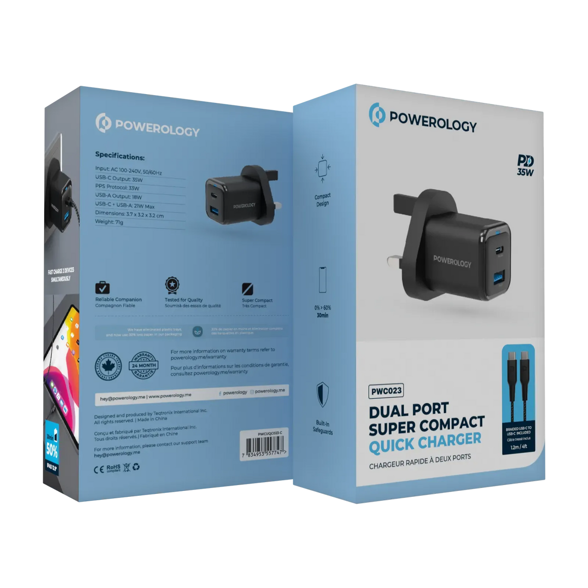 Powerology 35w PD QC 1xusb C 35w and 1xusb A 18w Gan Charger Uk with Type C to C 60w Black – image 12