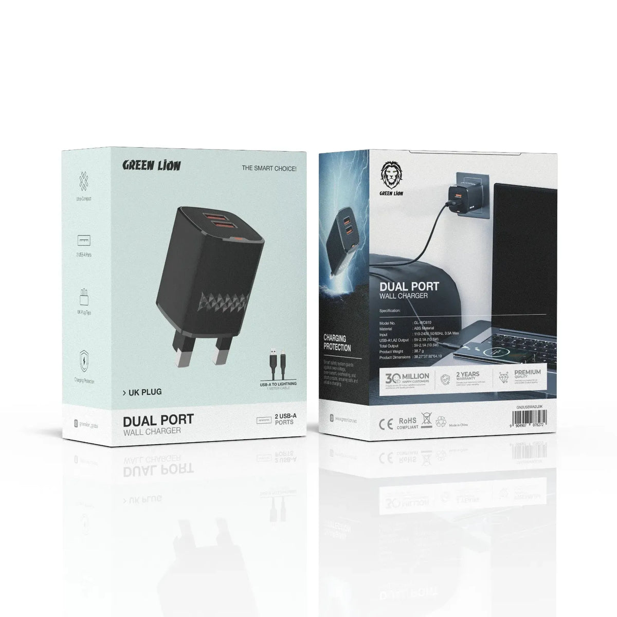 Green Lion Dual Port Wall Charger UKPlug 2 USB-A Port USB-Ato Lightning 1 m Cable - Black – image 2