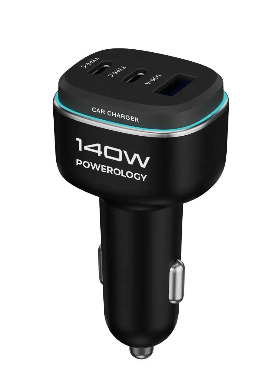 Powerology 140 W Triple-Port High-Power Car Charger - Black/Gre y