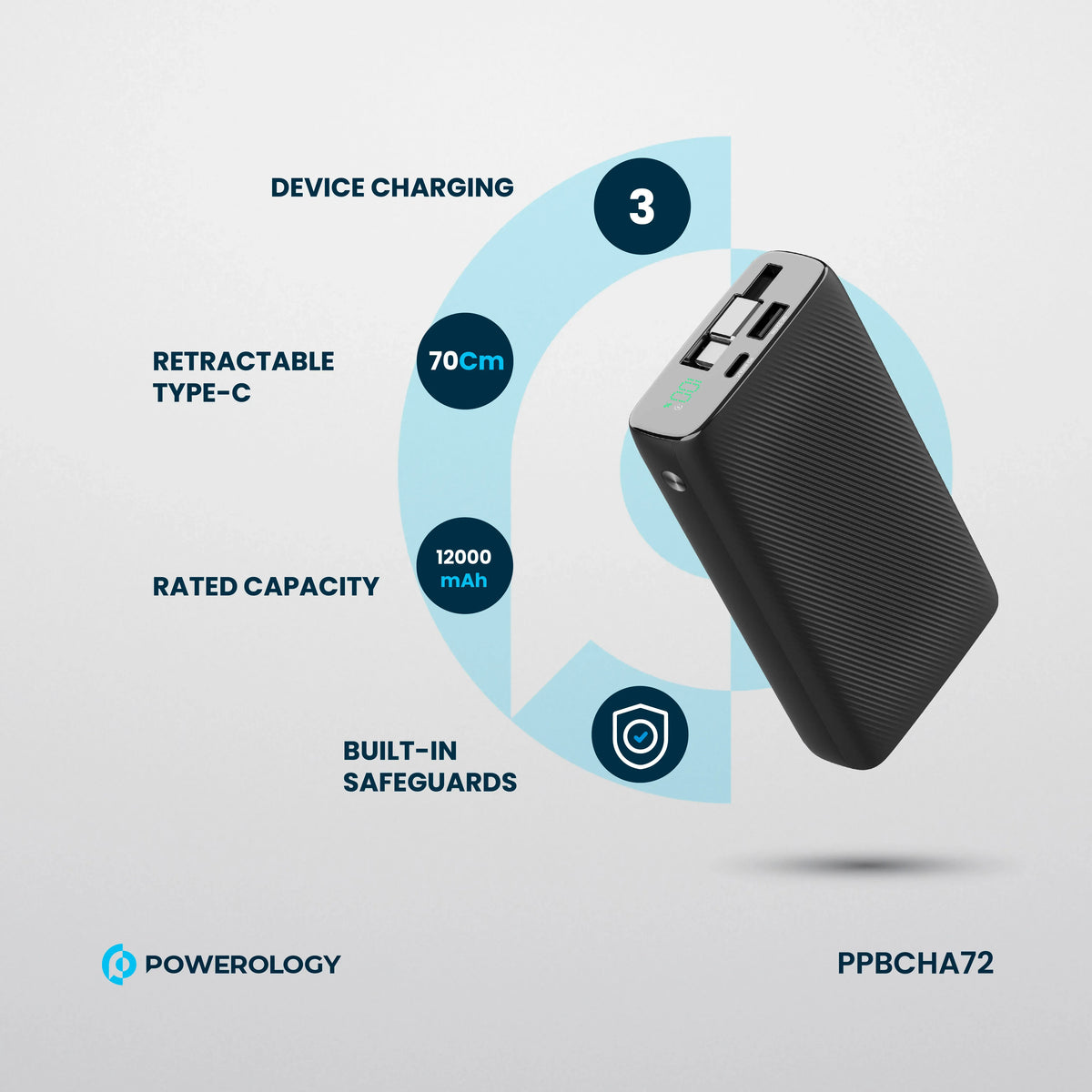 Powerology 20000mAh Retractable Cable Power Bank Black – image 10