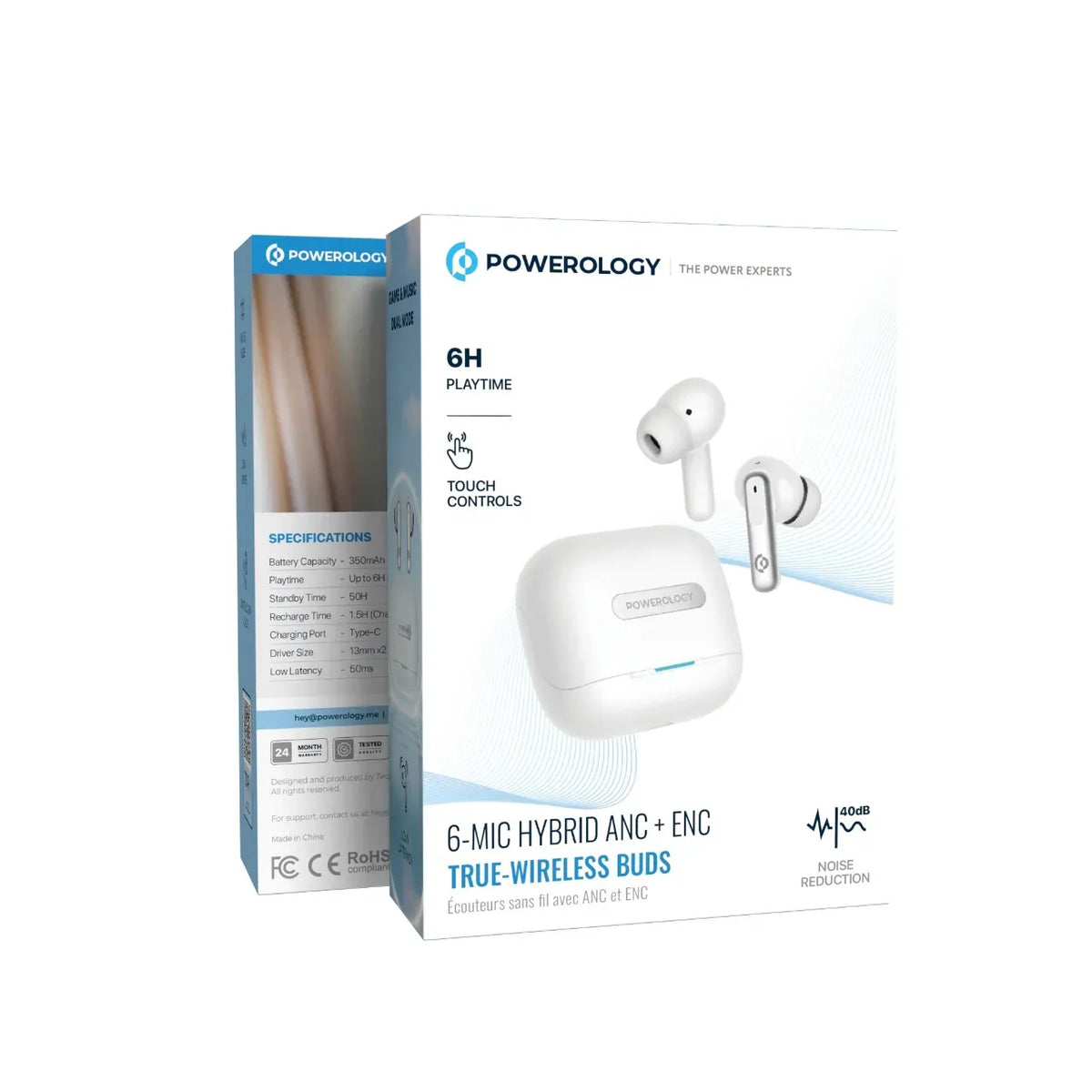 Powerology 6 Mic Hybrid ANC + ENCTrue Wireless Buds - White – image 17