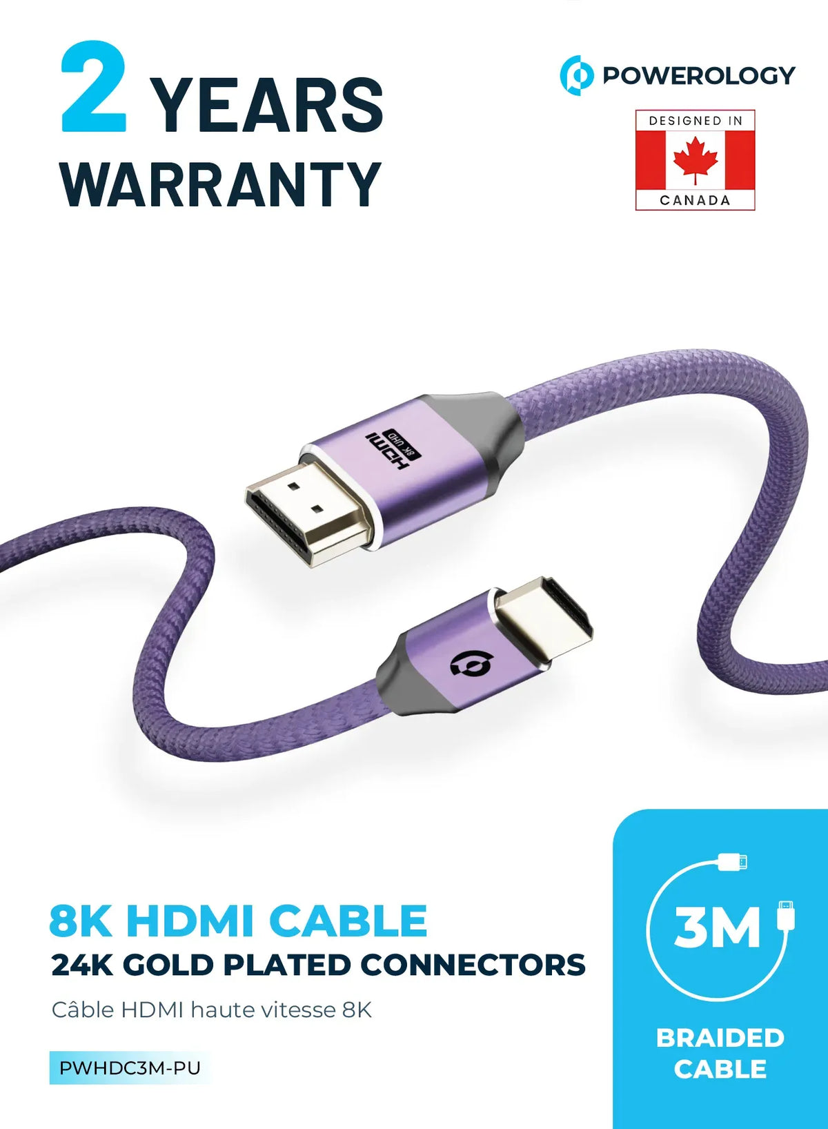Powerology 8 KHDMI Braided Cable 2 M - Purple