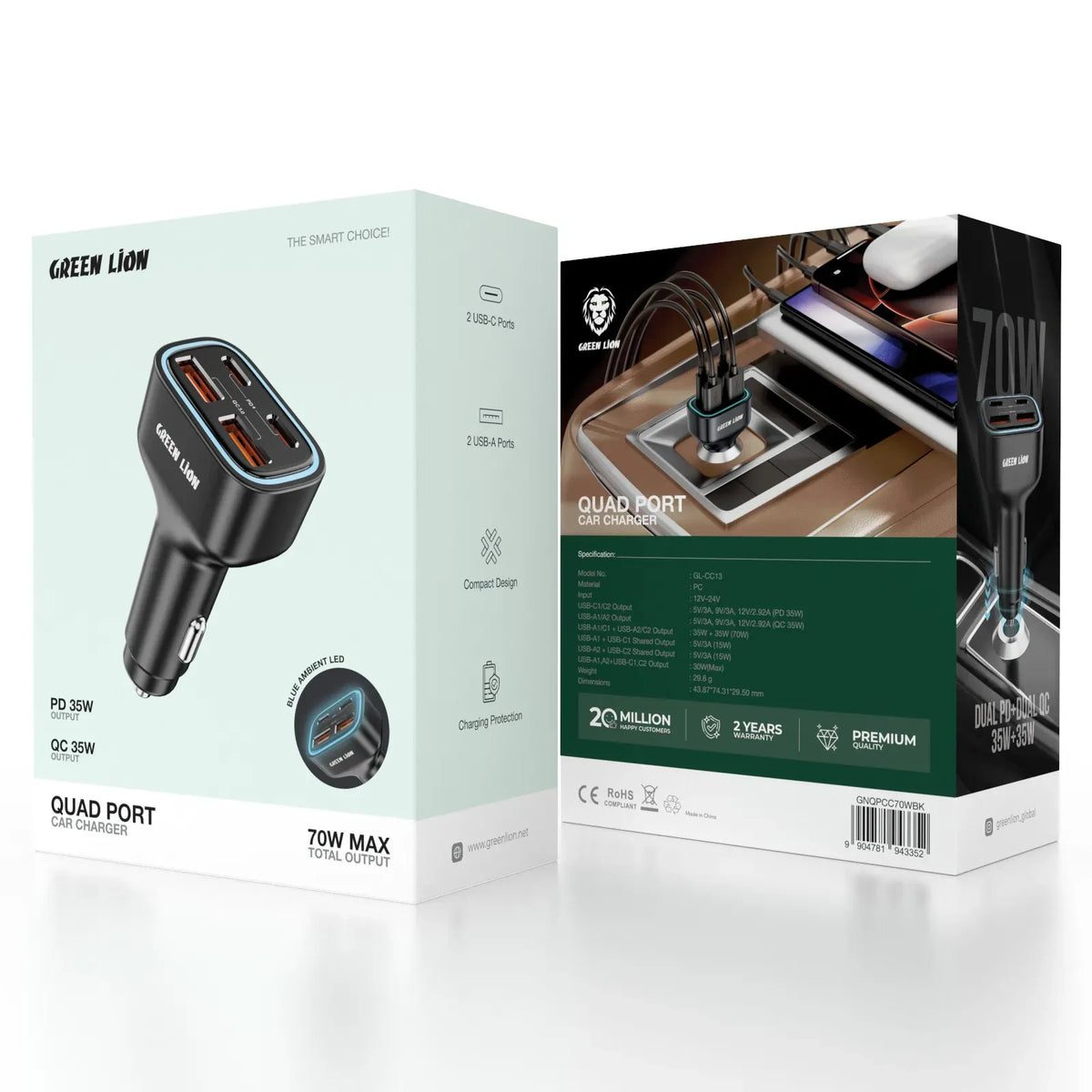 Green Lion Quad Port 70w Car Charger Black – image 16