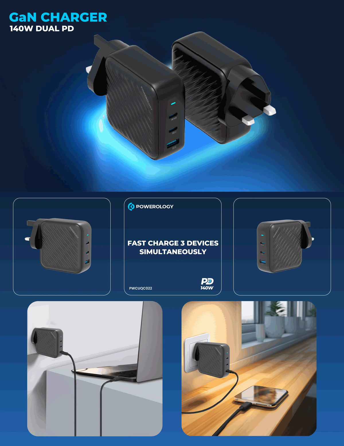 Powerology 140w PD QC 2xusb C and 1xusb A Gan Charger Uk Black – image 14