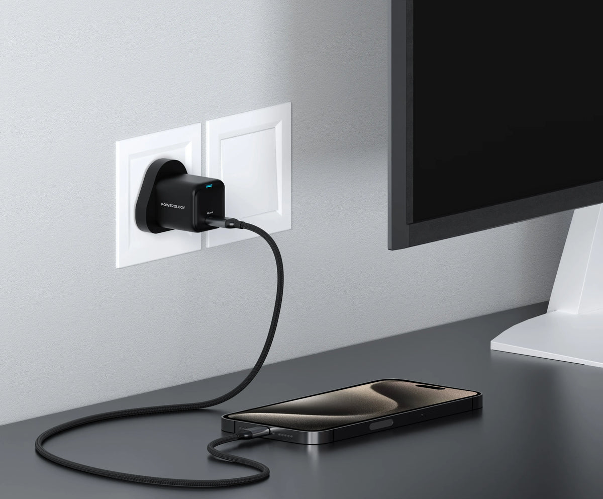 Powerology 20w Single C Port PD Charger Uk with Type C to C 60w Cable Black – image 3