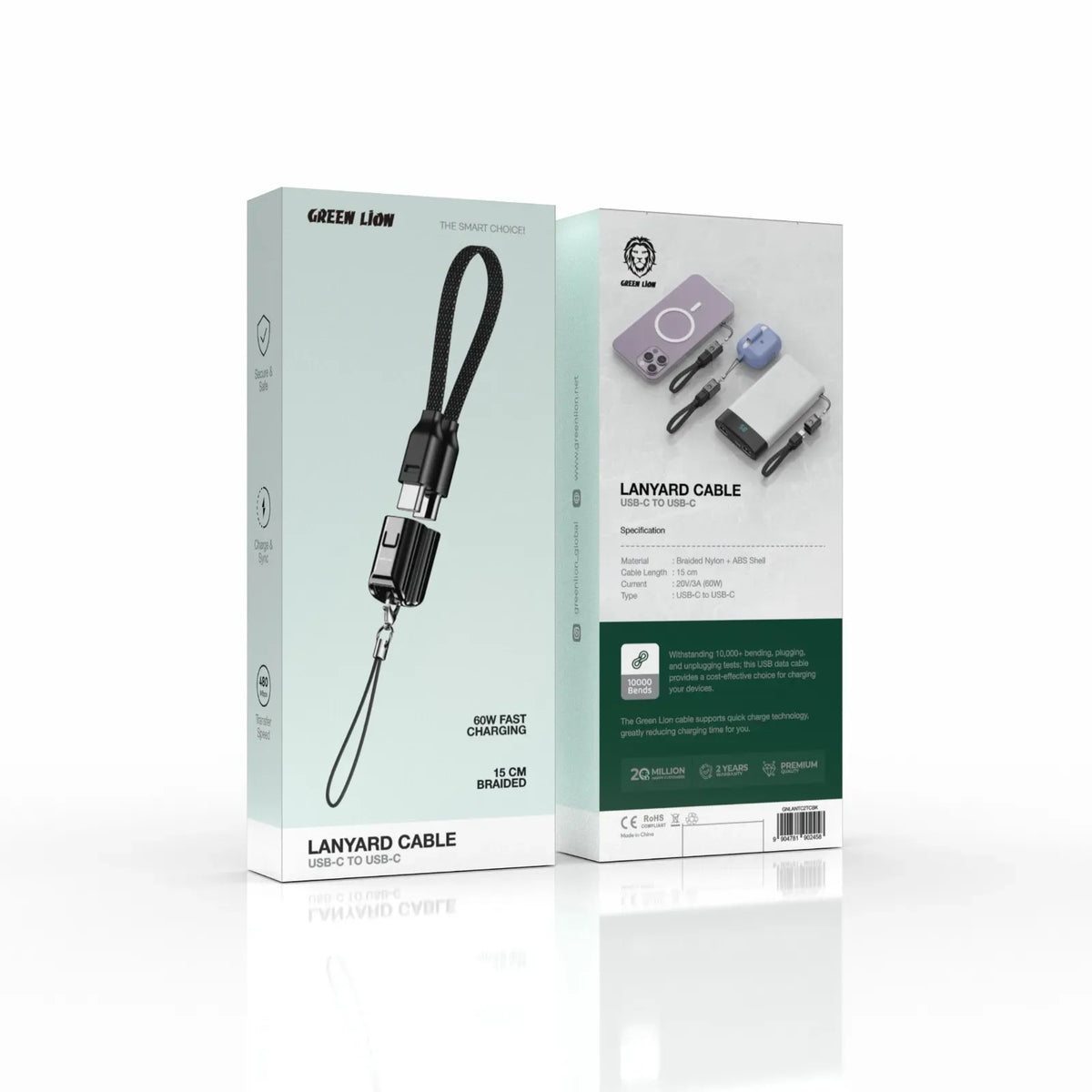 Green Lion Lanyard Cable USB C to USB C 60w Black – image 2