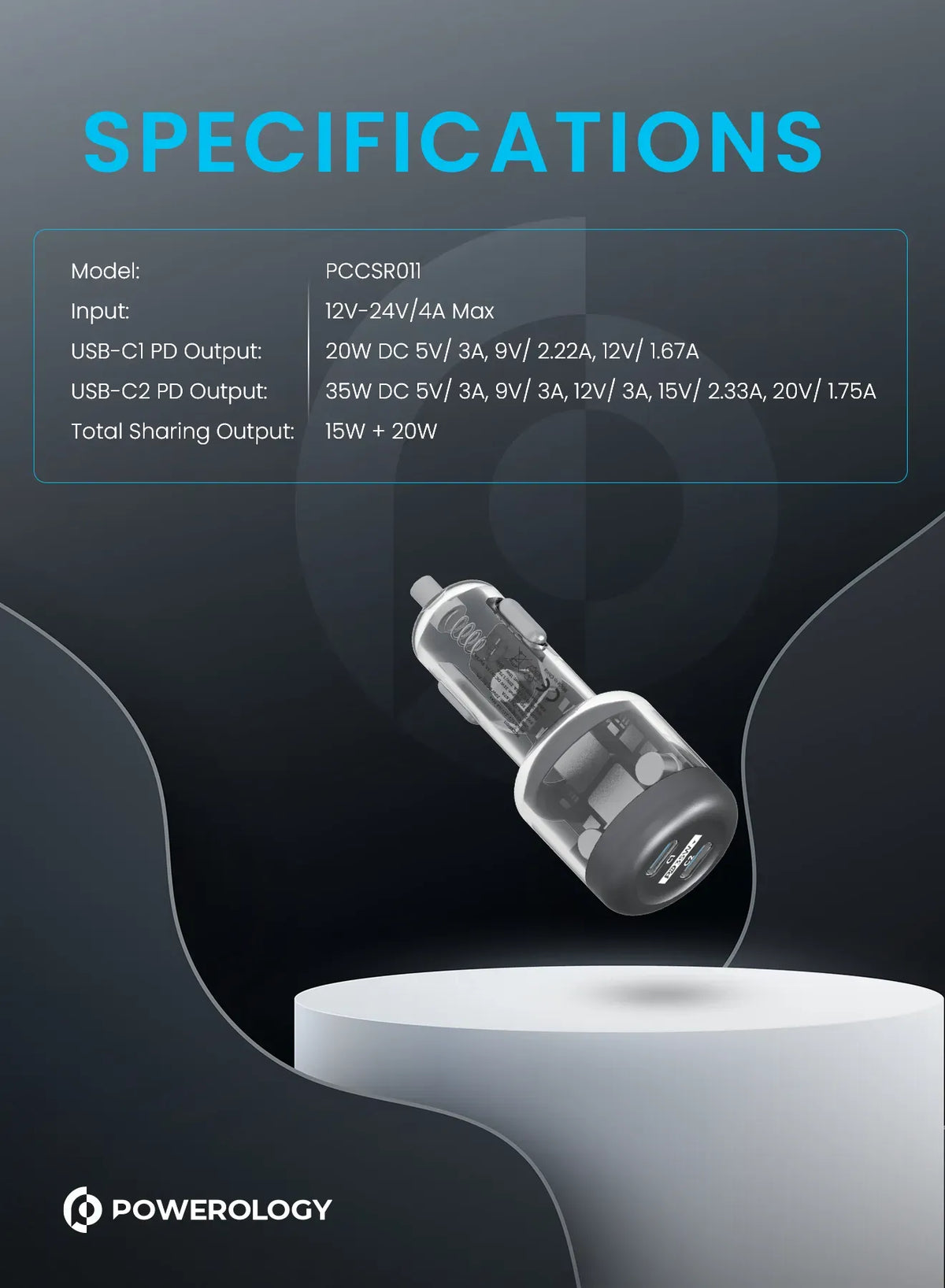Powerology Crystalline Series Car Charger PD 35w Transparent Grey – image 5