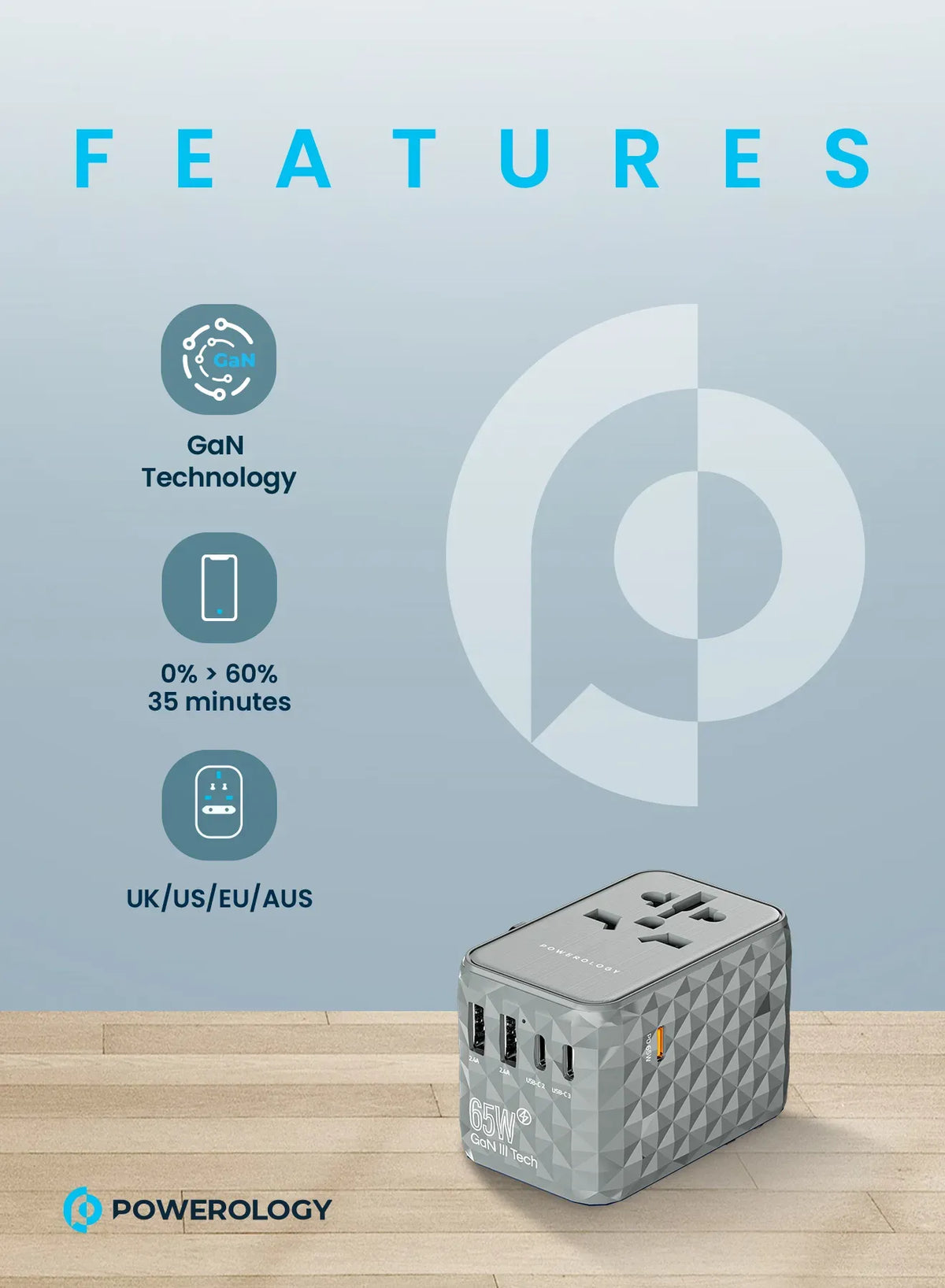 Powerology Universal Multi-Port Ga N Travel Adapter 3 x Type-CWith 2 x USB-A Ports 65 W PD - Gray