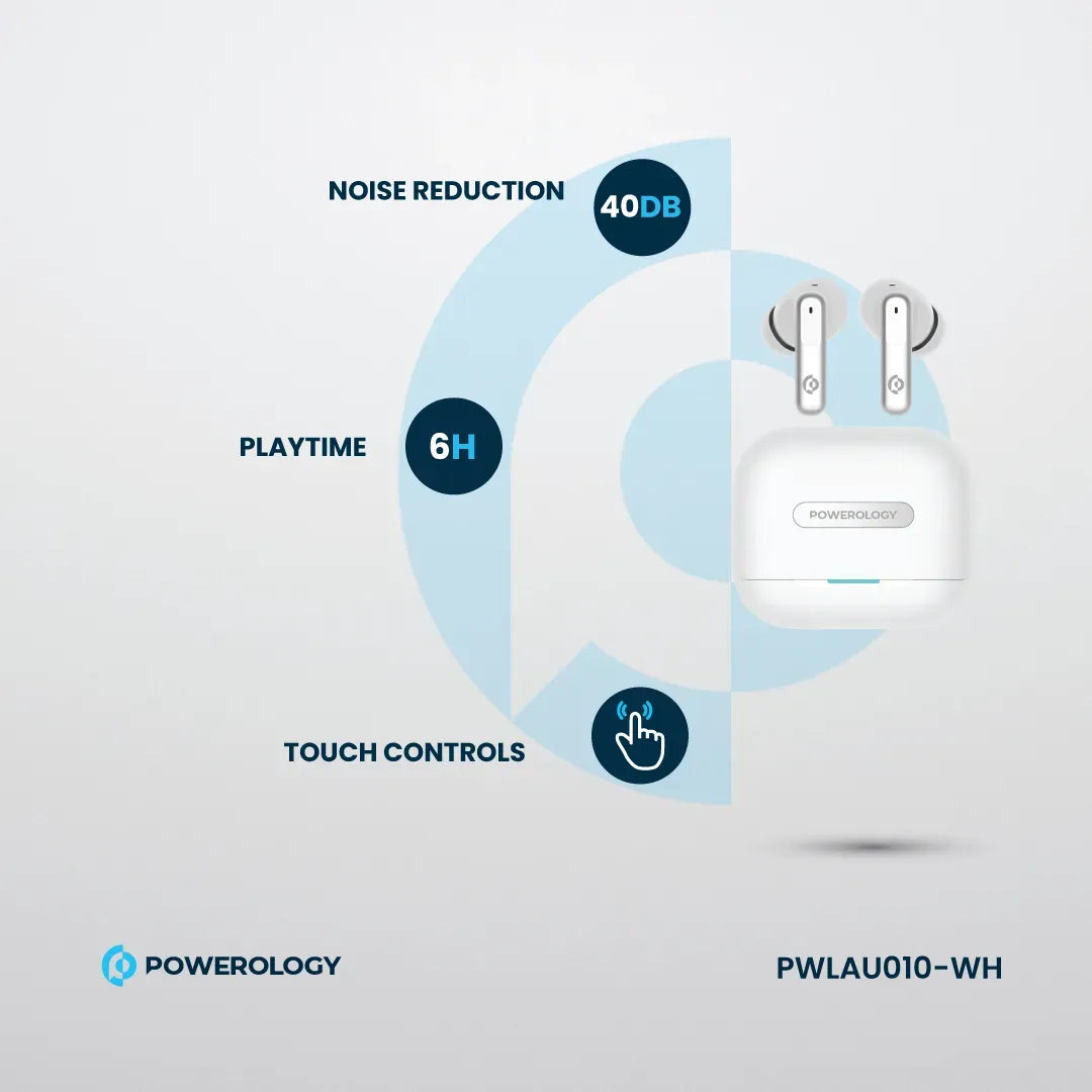 Powerology 6 Mic Hybrid ANC + ENCTrue Wireless Buds - White – image 6