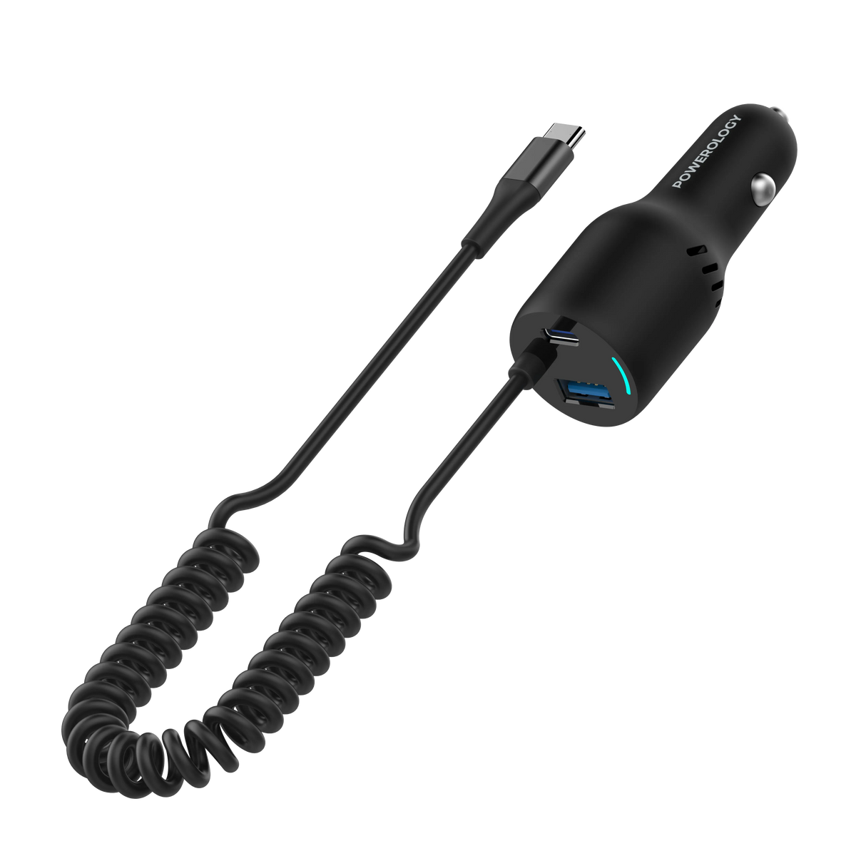 Powerology Pd45w Qc18w Type Ccable 35w LED Dual Ports Car Charger with Coiled Cable Black – image 4