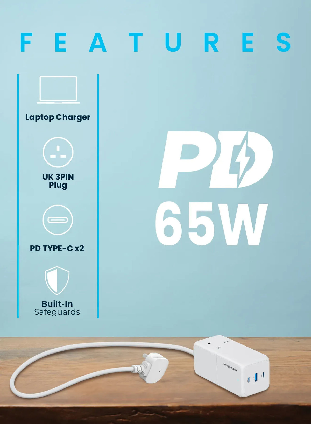 Powerology 65 WPower Strip With Dual Power Sockets - White – image 10