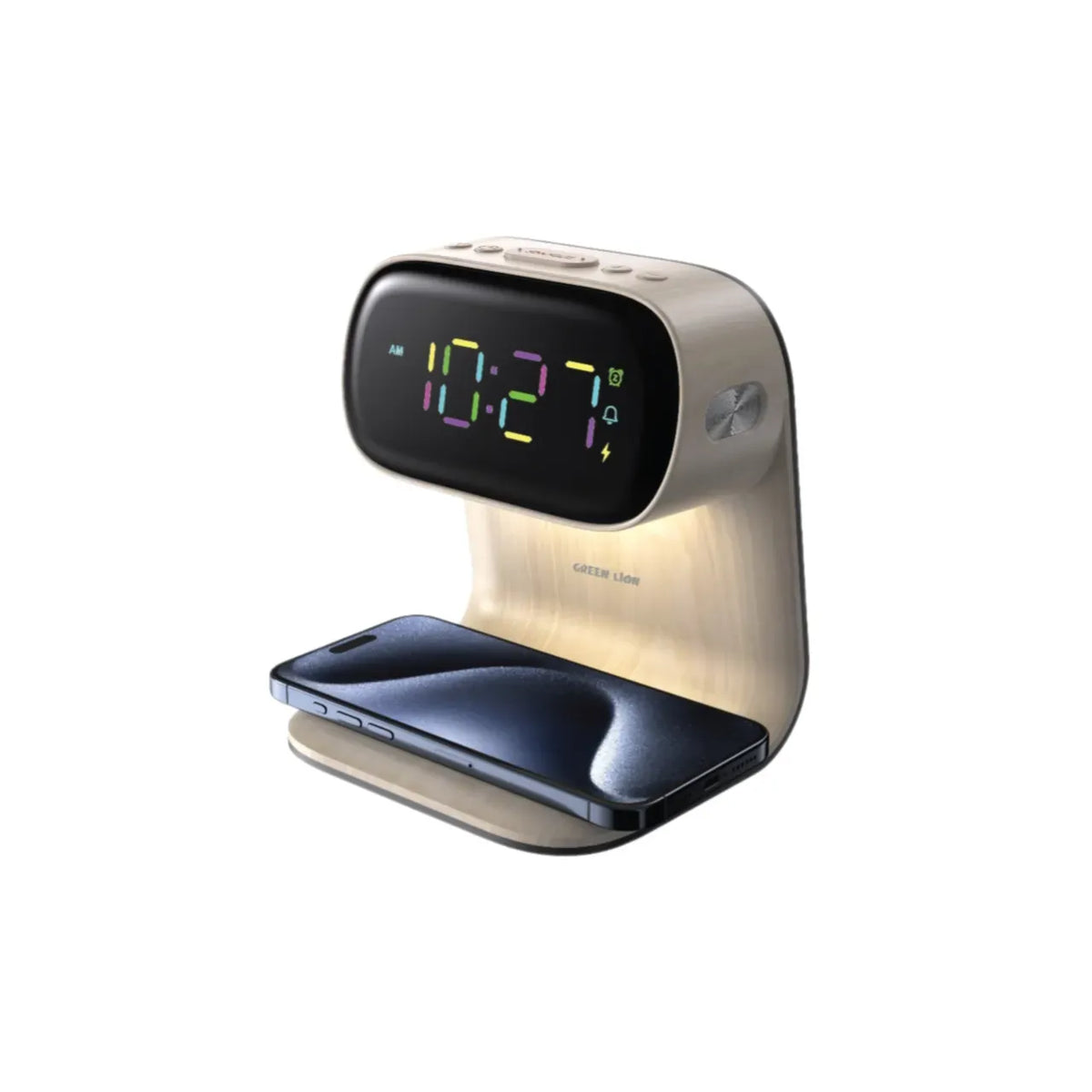 Green Lion Bedside Clock with Wireless Charger Wood – image 2