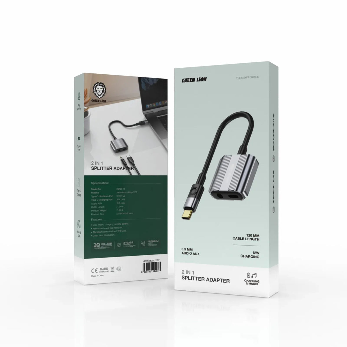 Green Lion 2 in 1 Splitter Adapter Type C to Aux Type C Grey – image 4