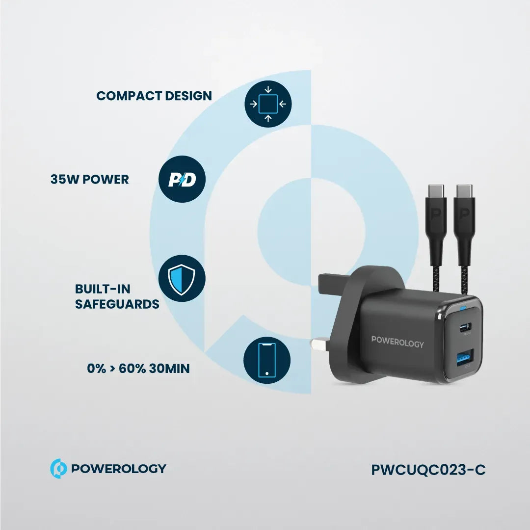 Powerology 35w PD QC 1xusb C 35w and 1xusb A 18w Gan Charger Uk with Type C to C 60w Black – image 9