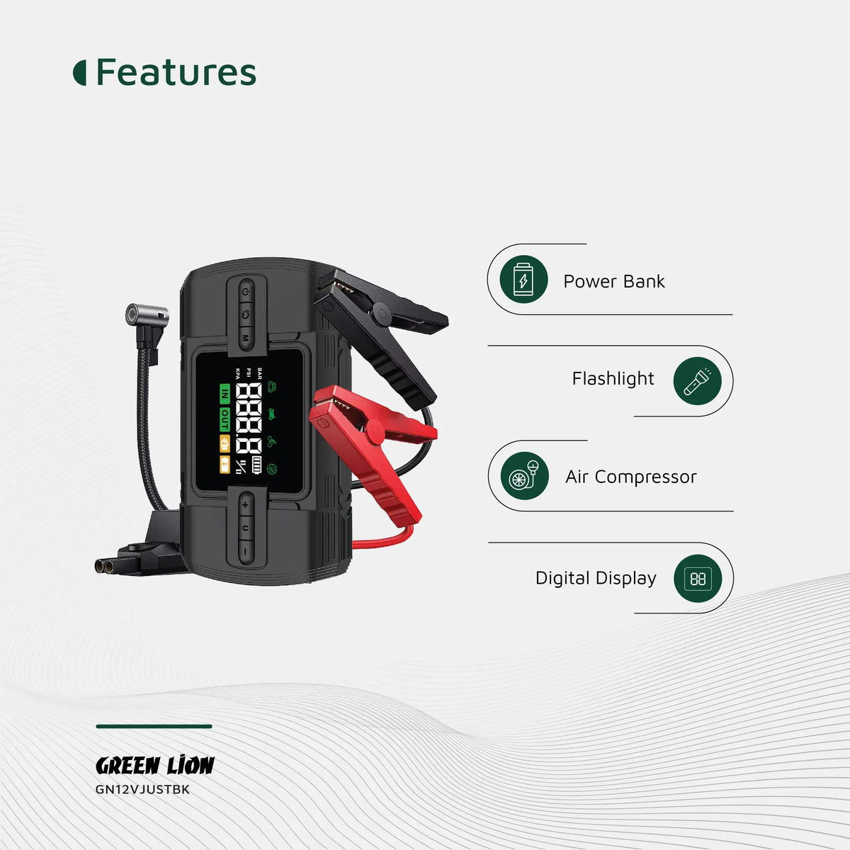 Green Lion 12 VJump Starter 12000 m Ah Power Bank|Flash Light|Air Compressor - Black – image 9