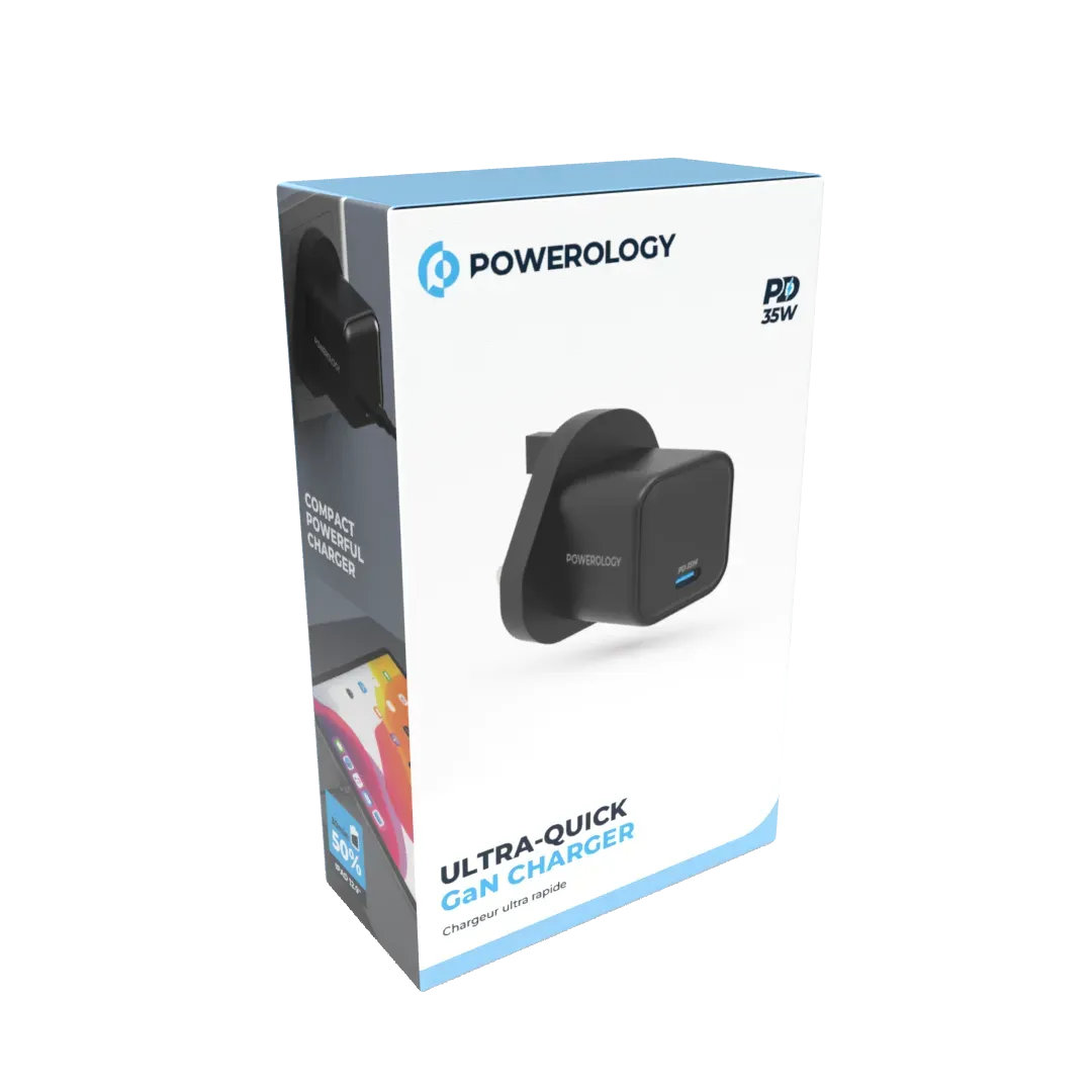 Powerology 35w Single Port Type C Gan Charger with Uk Plug Black – image 3
