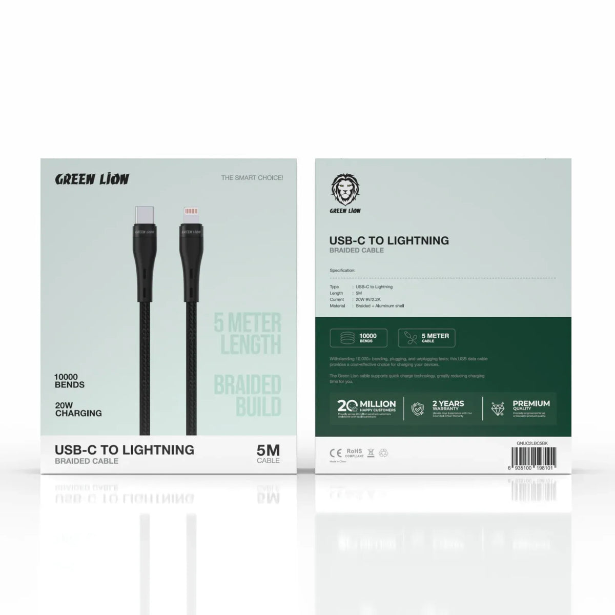 Green Lion USB C to Lightning Braided Cable 20w Black – image 2