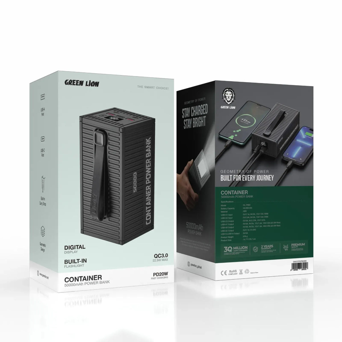 Green Lion Container 50000 m Ah Power Bank PD 20 W-Include 4 in 1 Charging Cable - Black