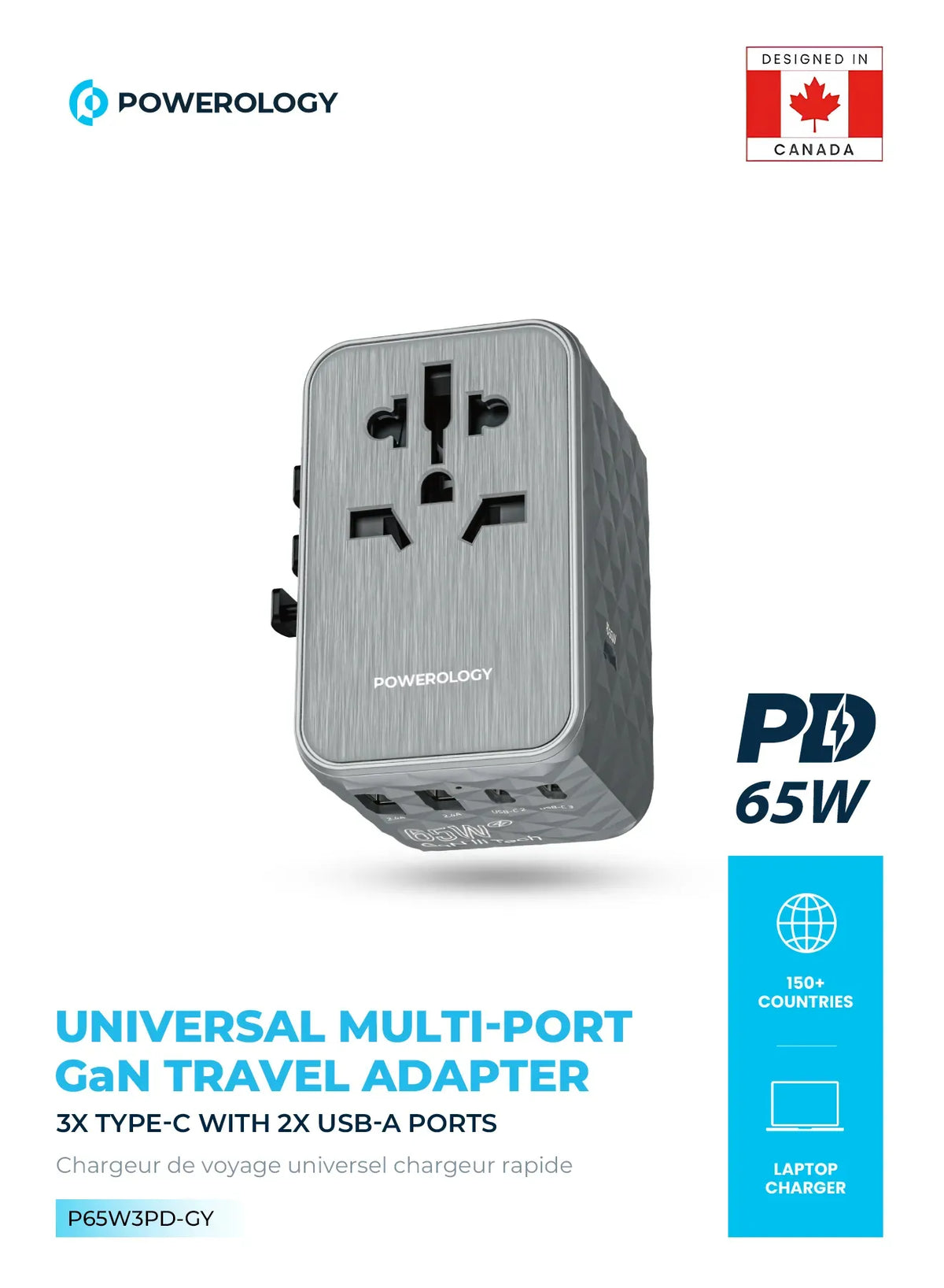 Powerology Universal Multi-Port Ga N Travel Adapter 3 x Type-CWith 2 x USB-A Ports 65 W PD - Gray – image 12