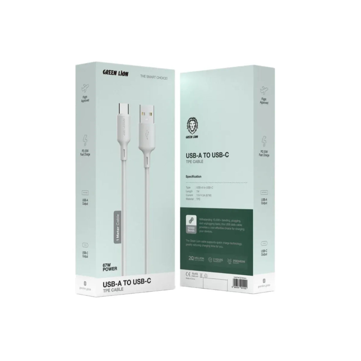 Green Lion 67w USB A to USB C Tpe Cable 1m White – image 3