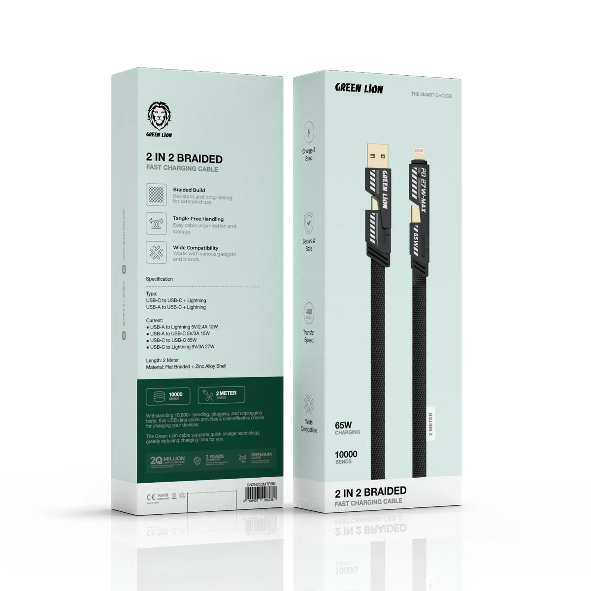 Green Lion 2 in 2 Braided Fast Charging Cable 65 W 2 M - Black – image 2