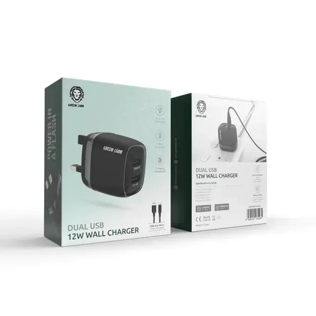 Green Lion Dual USB 12w Wall Charger with USB A to Micro Cable 1m Uk Black – image 3