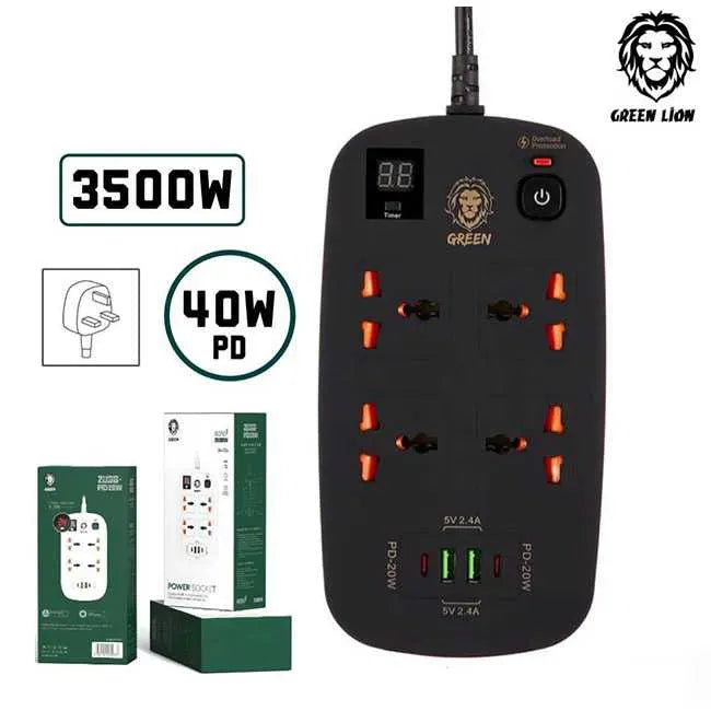 Green Lion 4 AC 2 USB&2 USB-CPD 40 WMultiport Smart Power Socket 3500 W (3 M) - Black – image 3