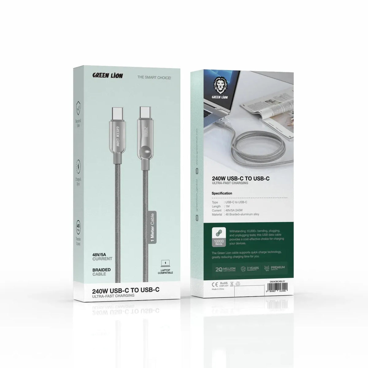 Green Lion 240 WUSB-Cto USB-CUltra-Fast Charging 1 m Braided Cable - Gray – image 2