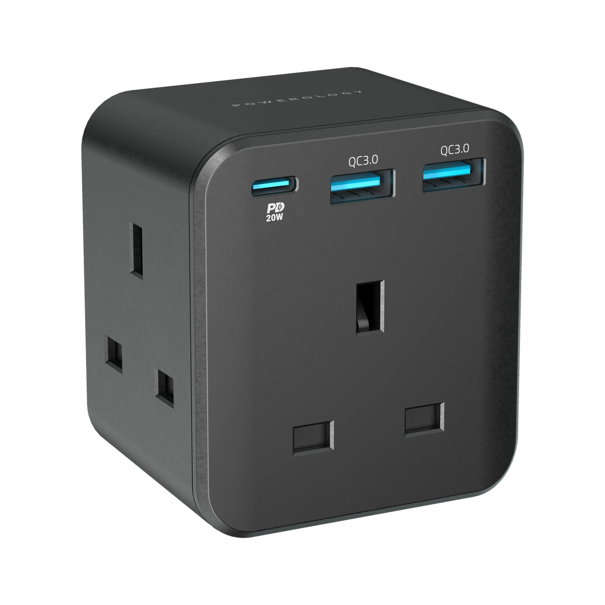 Powerology 3-Outlet Wall Socket With Fast Charging USB -Charge 0%-60% in 35 Minutes for Phoneand Tablets* -Dual Port QC 3.0 Outputs and 20 W PD -Multi-Port Wall Socket -Super Compact -Smart Design - Black – image 4