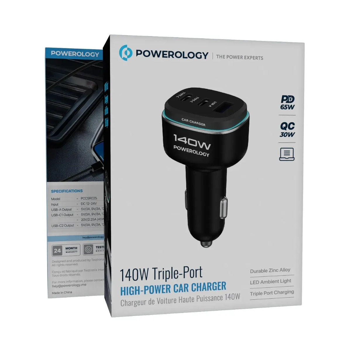 Powerology 140 W Triple-Port High-Power Car Charger - Black/Gre y – image 2