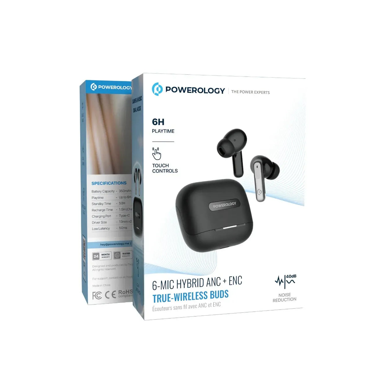 Powerology 6 Mic Hybrid ANC + ENCTrue Wireless Buds - Black – image 15
