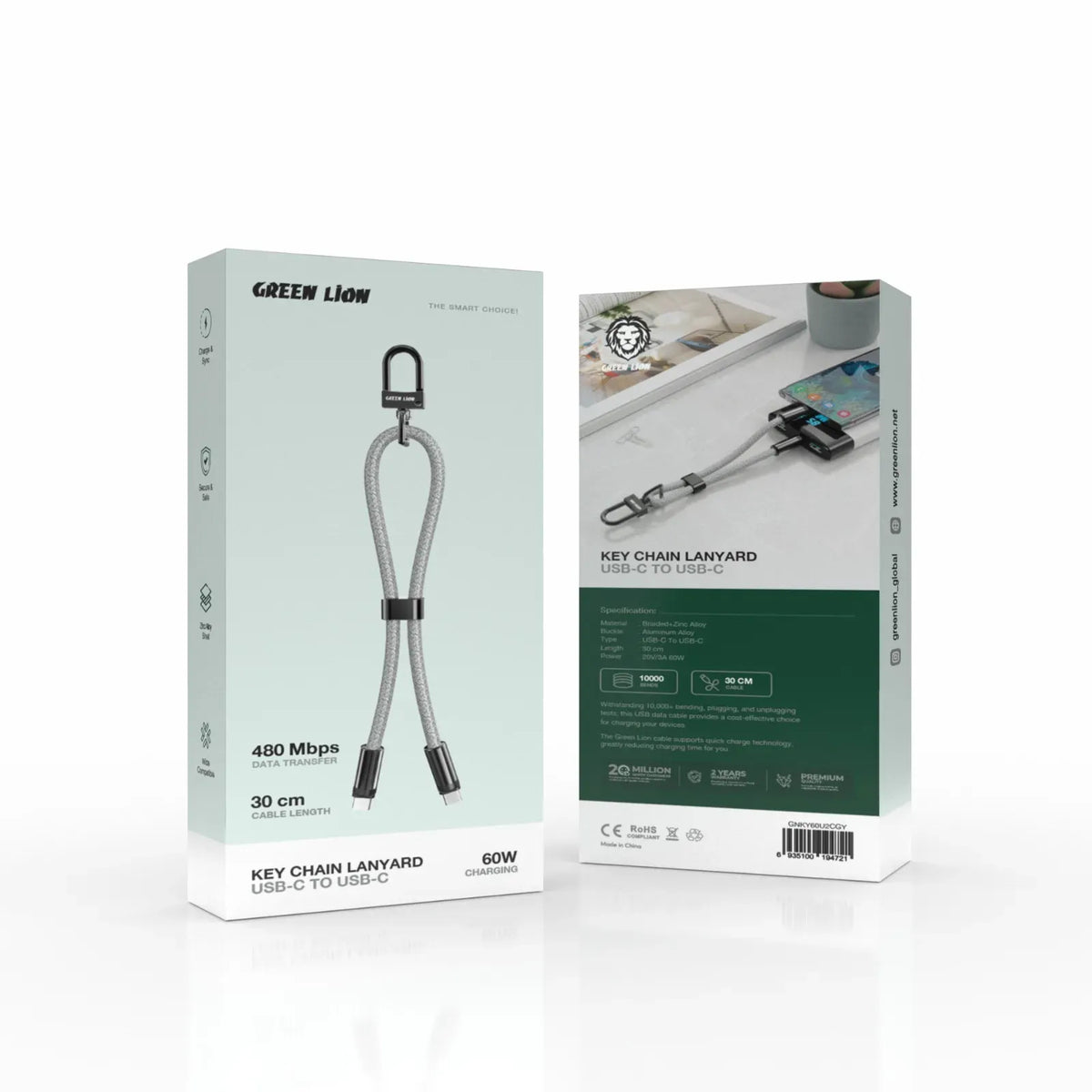 Green Lion Keychainlanyard USB-Cto USB-C 60 W - Gray