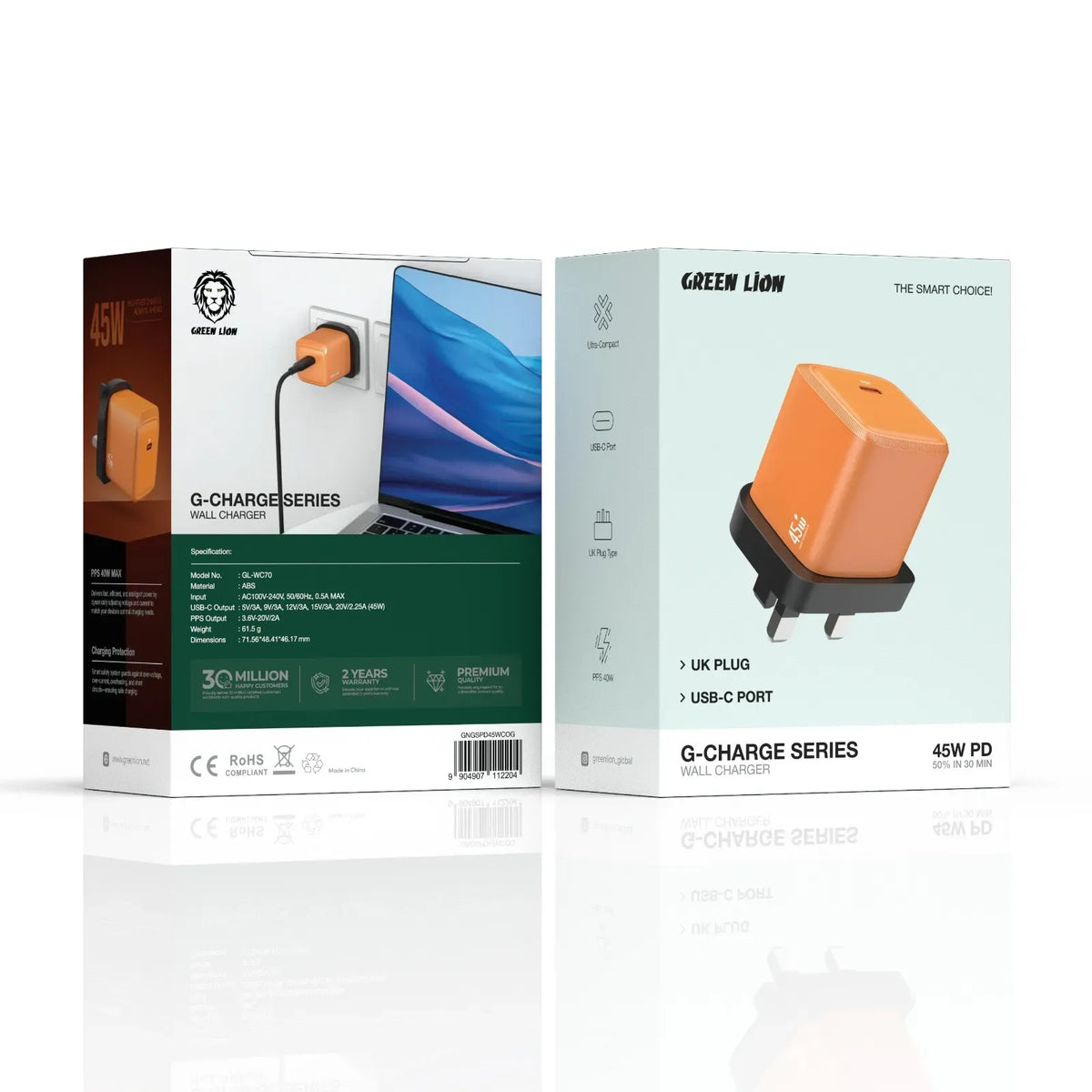 Green Lion G-Charge Series Wall Charger-UKPlug, USB-C,PD 45 W - Orange – image 3