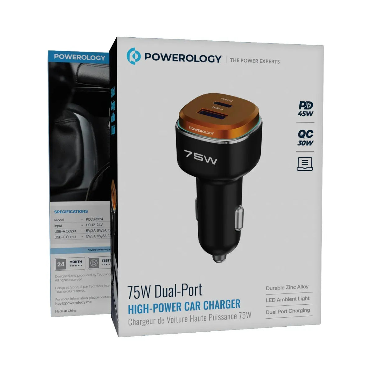 Powerology 75 W Dual-Port High-Power Car Charger - Black/Ora nge – image 3