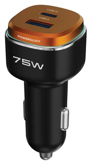 Powerology 75 W Dual-Port High-Power Car Charger with Lightning Cable - Black/Ora nge