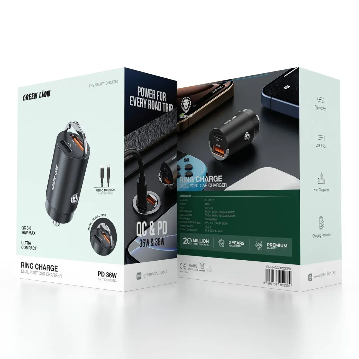 Green Lion Ring Charge Dual Port Car Charger PD 36 WCto C 1 m Cable - Black