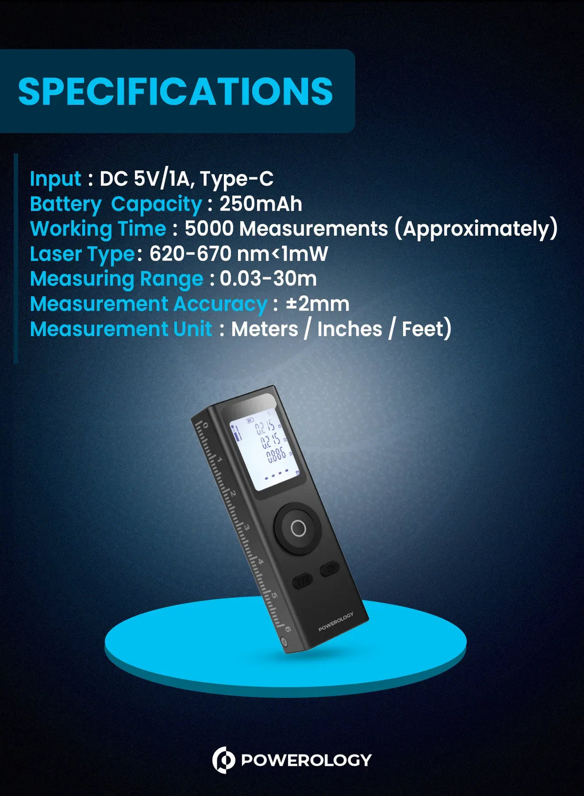Powerology 30meter Mini Laser Rangefinder with Type C Connector Black – image 11