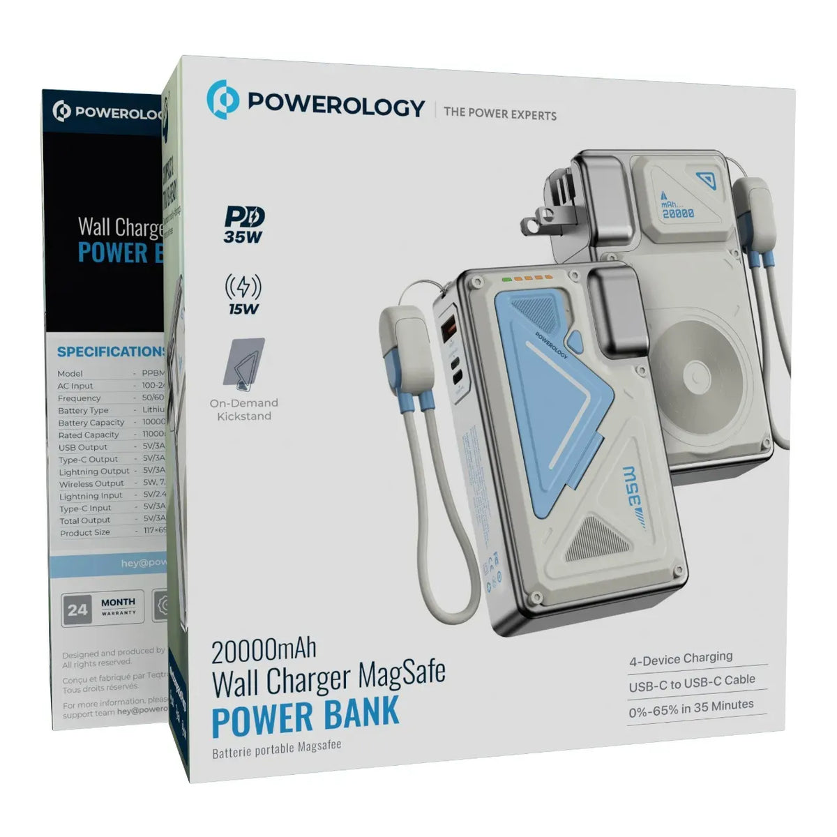 Powerology Wall Charger Mag Safe Power Bank 20000 m Ah PD 35 W - White
