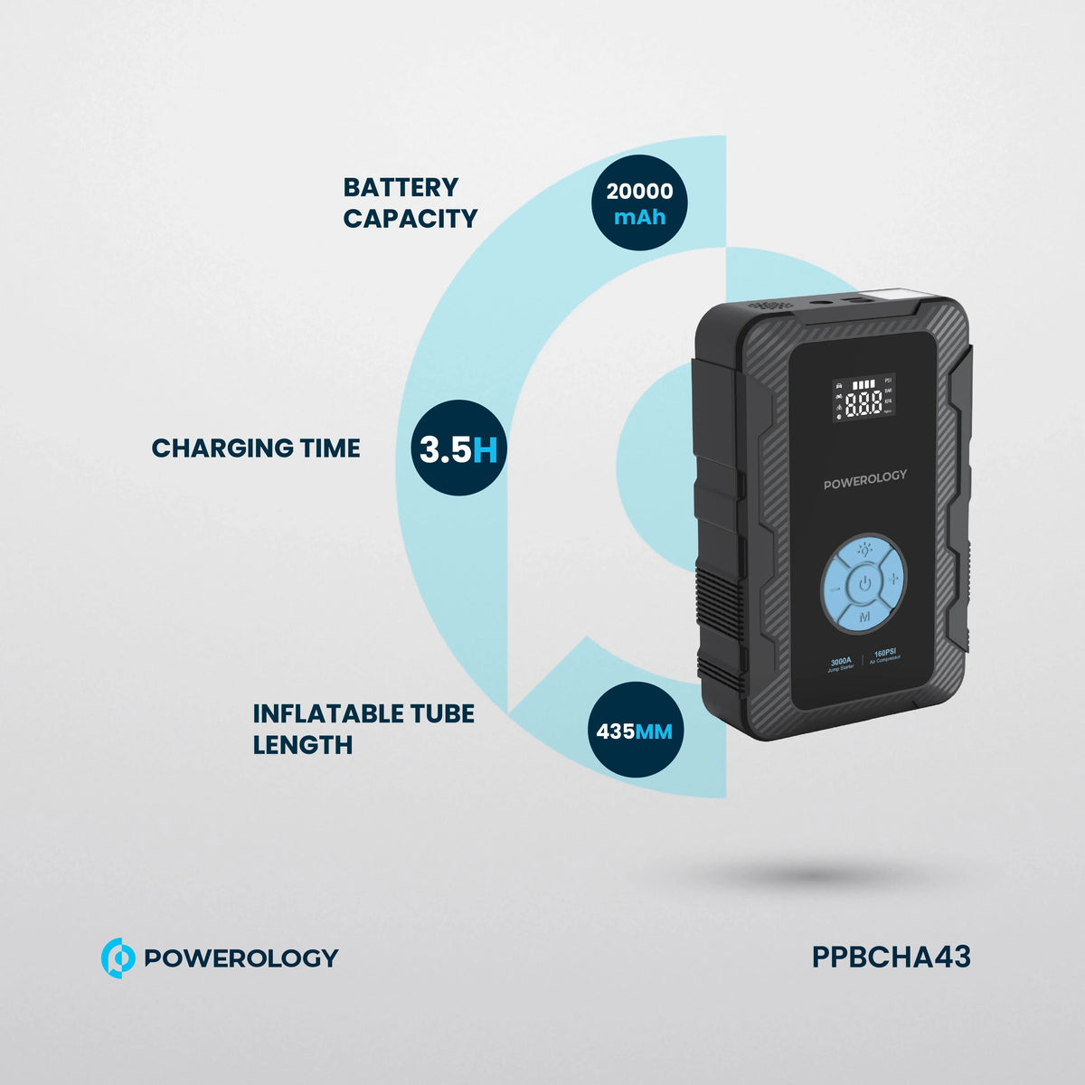 Powerology 20000 m Ah Power Bank Jump Start Air Compressor - Black – image 9