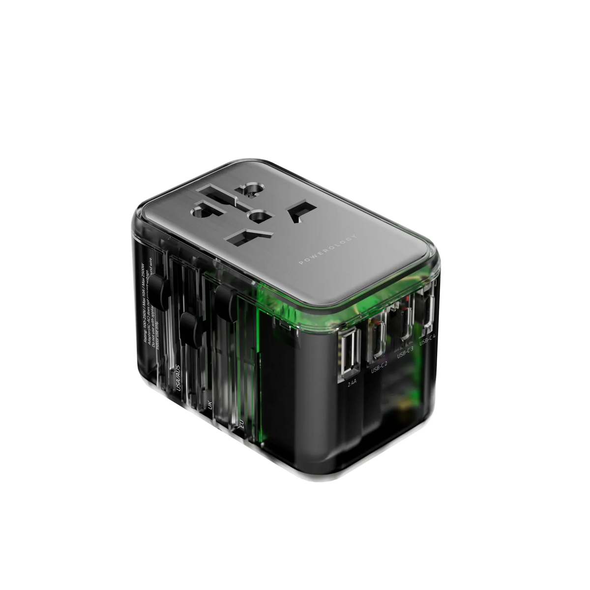 Powerology Universal Multi-Port Travel Adapter With 4 Type-C - Transpare ntGrey – image 4