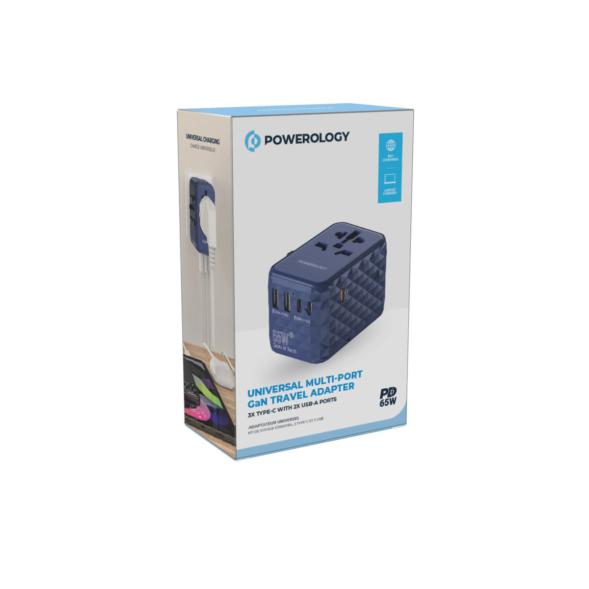 Powerology Universal Multi-Port Ga N Travel Adapter 3 x Type-CWith 2 x USB-A Ports 65 W PD - Blue