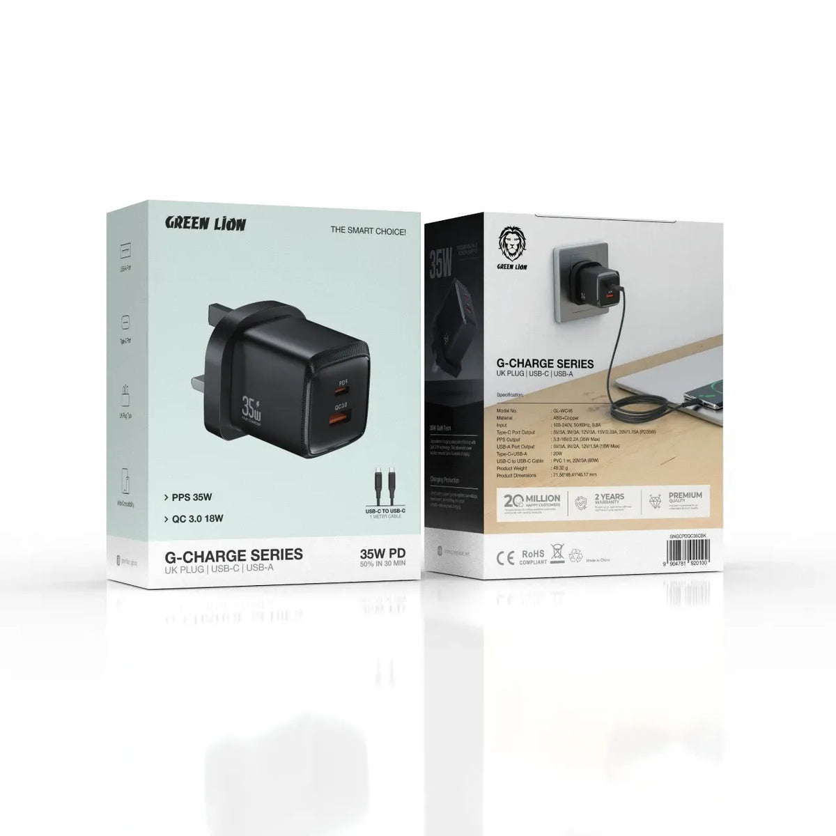 Green Lion G-Charge Series Dual Port Wall Charger PD+QC 35 WCto C 1 MCable - Black