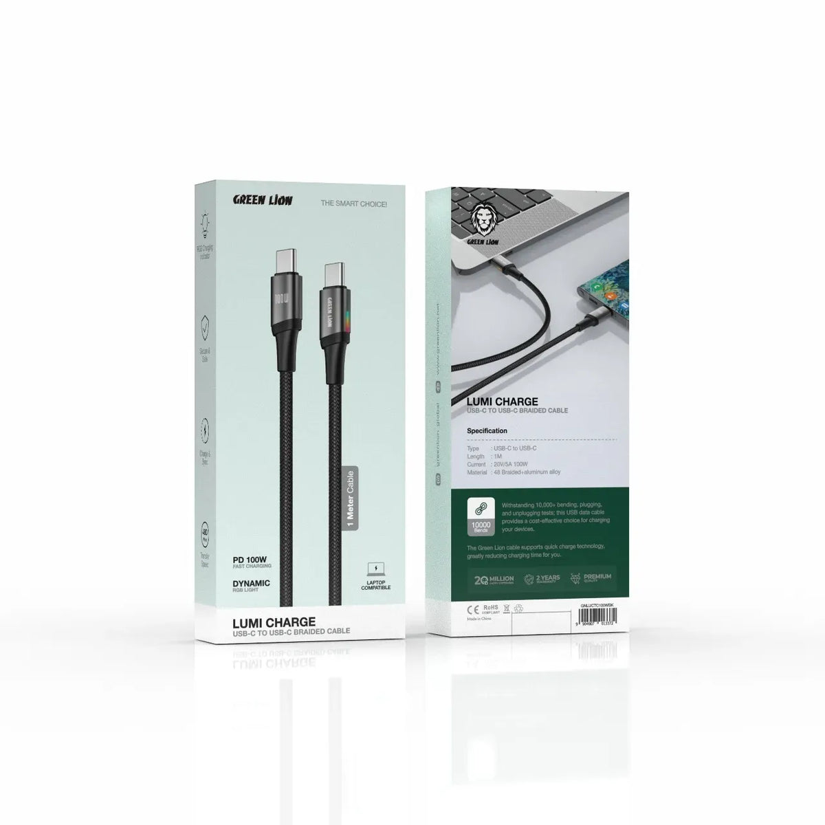 Green Lion Lumi Charge USB C to USB C 1m Braided Cable PD 100w Black – image 3
