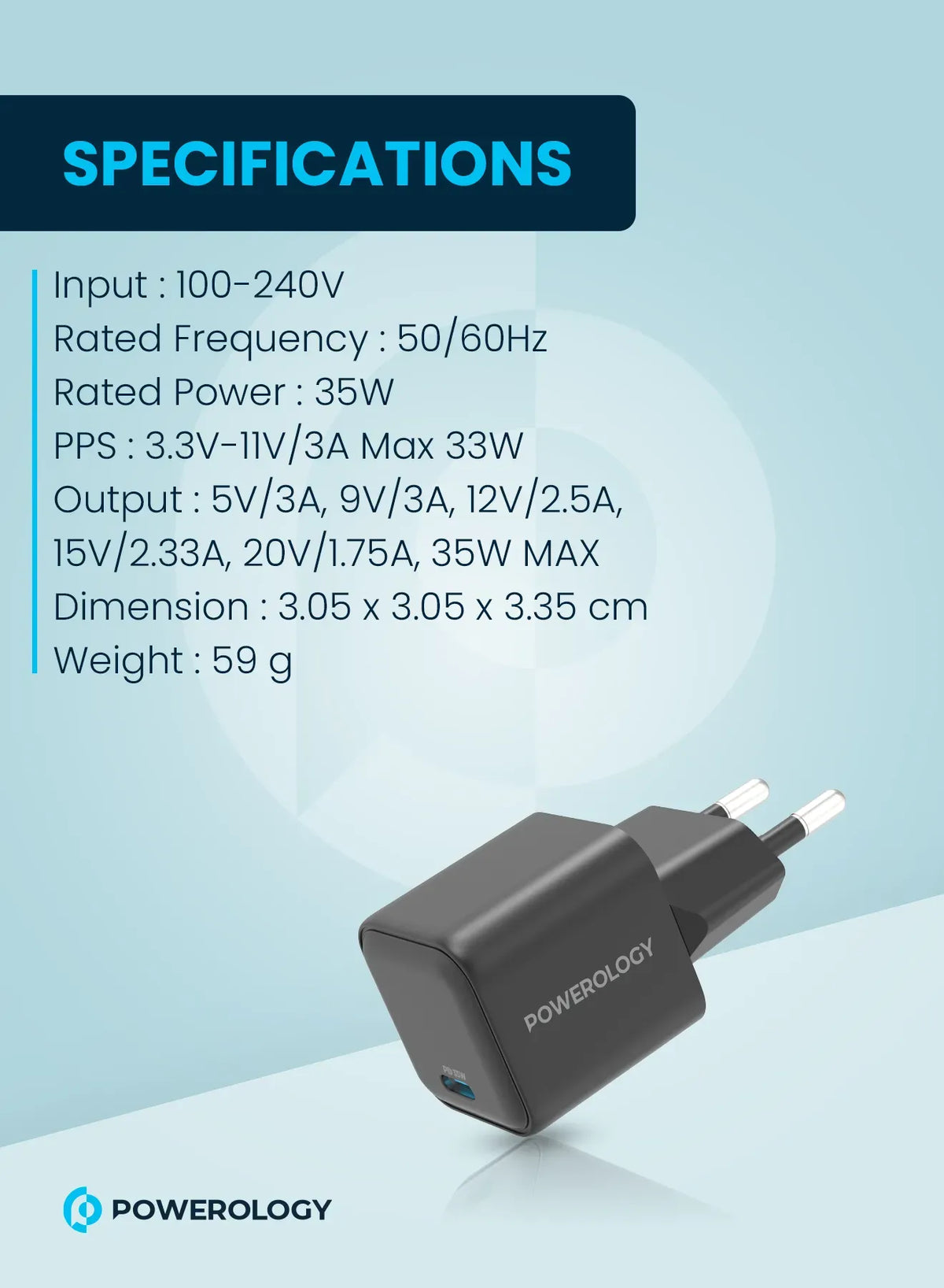Powerology 35w Single Port Type C Gan Charger with Eu Plug Black – image 2