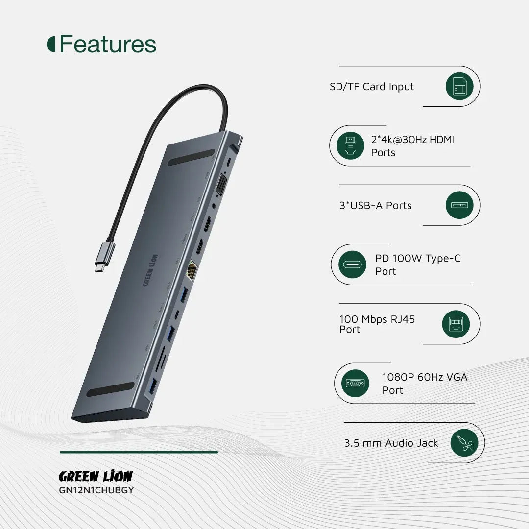 Green Lion 12 in 1 4k Hdmi Ethernet USB C Hub Gray – image 6