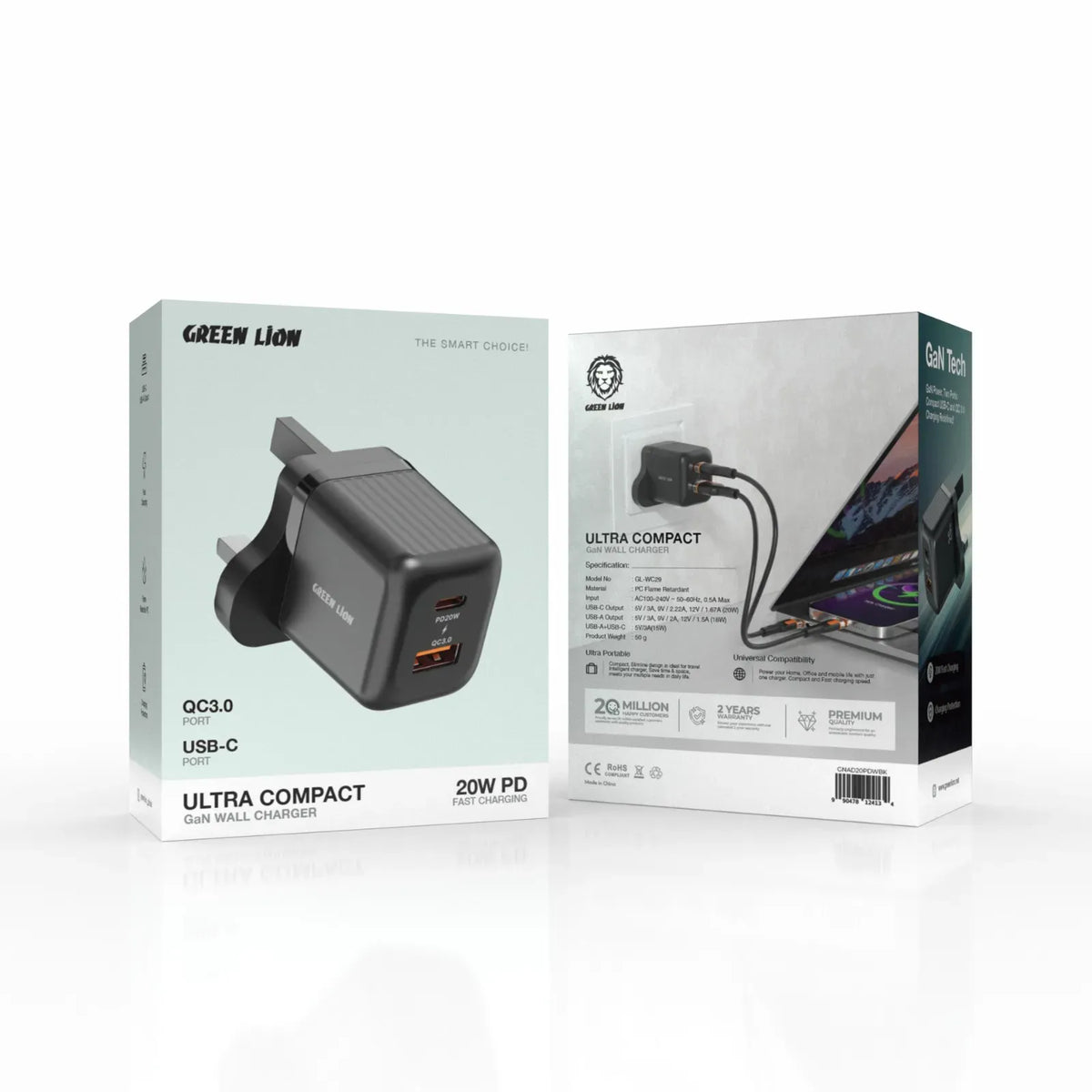 Green Lion Ultra Compact Ga NWall Charger UKPin A+CPD 20 W+QC 3.0 - Black – image 2