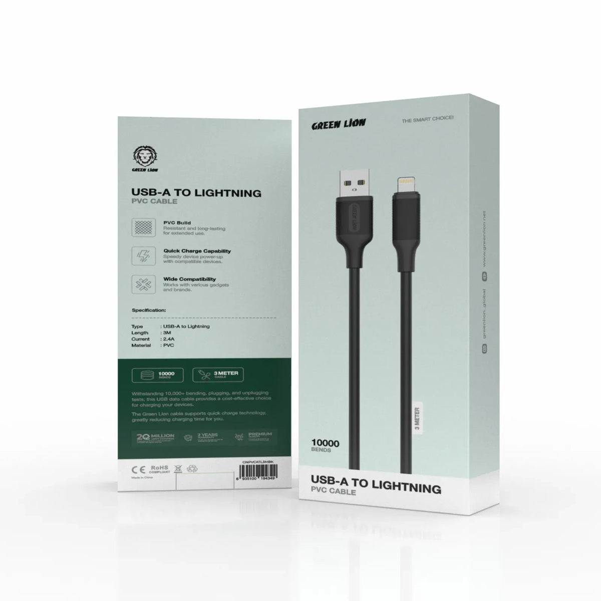 Green Lion USB A to Lightning Pvc Cable 3m Black – image 2