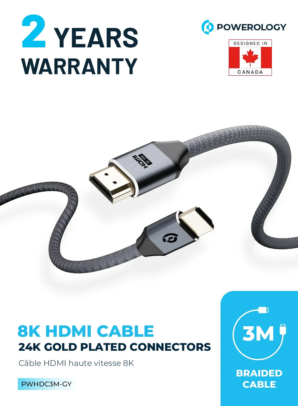 Powerology 8 KHDMI Braided Cable 3 M - Gray – image 4