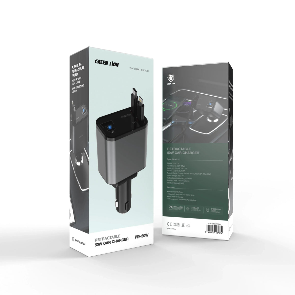 Green Lion Retractable 50w Car Charger Black – image 3