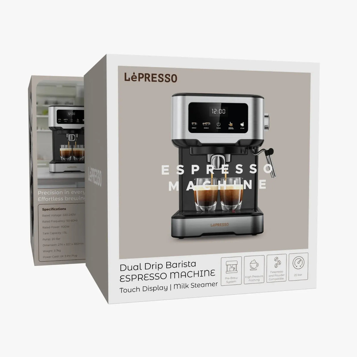 LePresso Dual Drip Barista Espresso Machine with Touch Display Milk Steamer Black – image 5